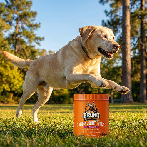 Labrador saltando con Bruno Approved Hip & Joint Bites